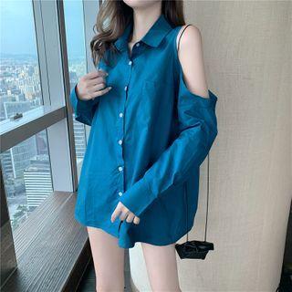 Cutaway-shoulder Loose-fit Shirt Blue - One Size