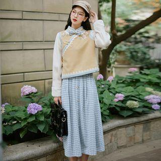 Long-sleeve Floral Embroidered Cheongsam Top / Gingham Midi A-line Skirt