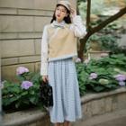 Long-sleeve Floral Embroidered Cheongsam Top / Gingham Midi A-line Skirt