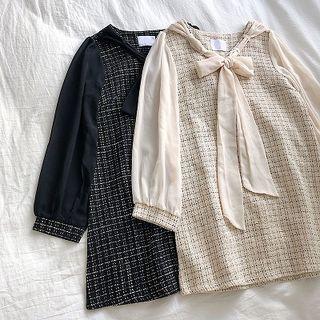 Chiffon V-neck Tweed Long-sleeve Dress