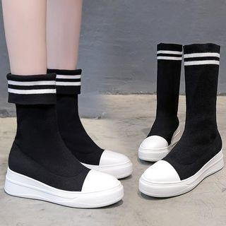 Platform Stripe-detail Knit Mid-calf Boots