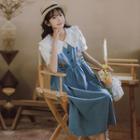 Puff-sleeve Collar Blouse / Embroidered Denim Midi A-line Overall Dress / Set