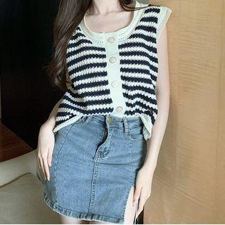 Striped Knit Tank Top Striped - White & Black - One Size