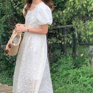 Puff-sleeve Embroidered Lace Midi Smock Dress White - One Size