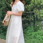 Puff-sleeve Embroidered Lace Midi Smock Dress White - One Size
