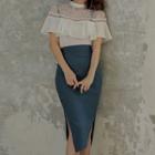 Set: Short-sleeve Lace Panel Top + Mini Sheath Skirt