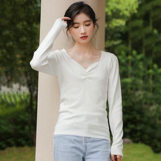 V-neck Long-sleeve Knit Top White - One Size