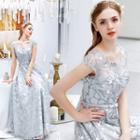 Cap-sleeve Patterned A-line Evening Gown