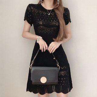 Short-sleeve Pointelle Knit Mini A-line Dress