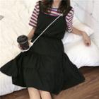 Set: Striped Short-sleeve T-shirt + Plain Spaghetti Strap A-line Dress T-shirt - Multicolor - One Size / Dress - Black - One Size
