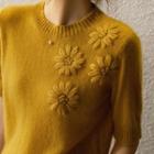 Short-sleeve Flower Detail Knit Top Yellow - One Size