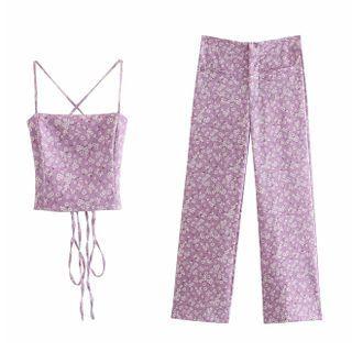 Floral Print Sleeveless Top / Floral Print High-waist Pants