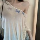 Butterfly Accent Short-sleeve Slit T-shirt White - One Size