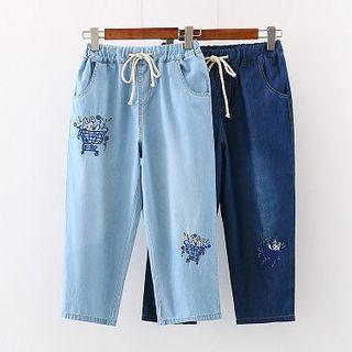 Rabbit Embroidered Straight-cut Cropped Jeans