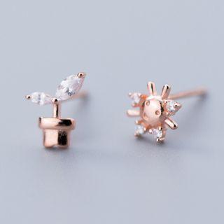 Non-matching 925 Sterling Silver Rhinestone Sun & Plant Earring