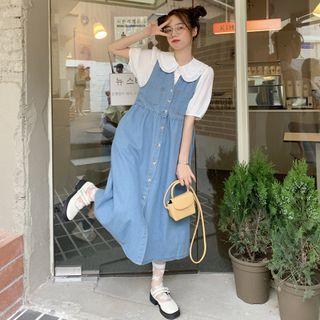 Short-sleeve Collared Shirt + Overall Denim Dress