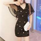 Star Embroidered Capelet Sheath Dress
