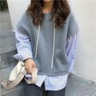 Mock-two Striped Loose-fit Pullover Gray - One Size