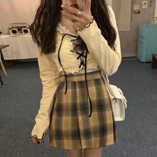 Plaid Mini A-line Skirt / T-shirt / Spaghetti Strap Top