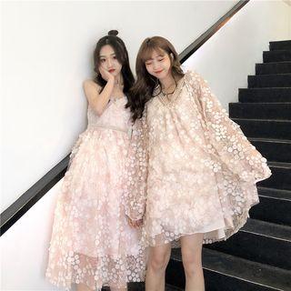 Spaghetti Strap Lace A-line Midi Dress / Long-sleeve Dress