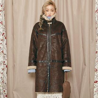 Funnel-neck Zip-up Faux-shearling Long Coat