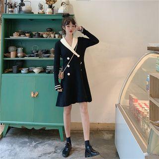 Long-sleeve Double Breasted Knit Dress As Shown In Figure - One Size