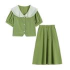 Set: Contrast Collar Blouse + Midi A-line Skirt