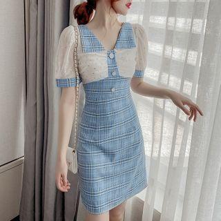 Puff Sleeve V-neck Chiffon Panel Plaid Sheath Dress