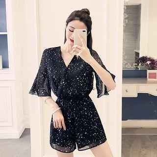 Plain V-neck Chiffon Flare-sleeve High-waist Jumpsuit
