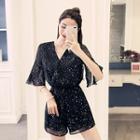 Plain V-neck Chiffon Flare-sleeve High-waist Jumpsuit