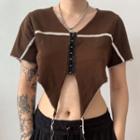 Short Sleeve V-neck Color-block Crop Top