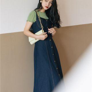 Button-up Denim Midi Overall Dress