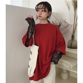 Mock Two-piece Long-sleeve Lace-trim Oversized Top