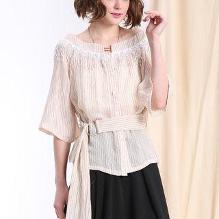 Lace Trim 3/4 Sleeve Chiffon Top With Belt