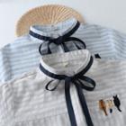 Embroidered Band Collar Striped Shirt