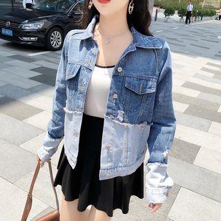 Patchwork Distressed Denim Jacket As Shown In Figure - One Size
