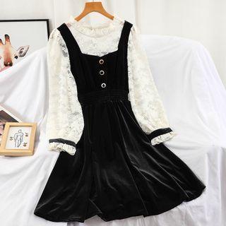 Lace-sleeve Velvet Panel A-line Dress