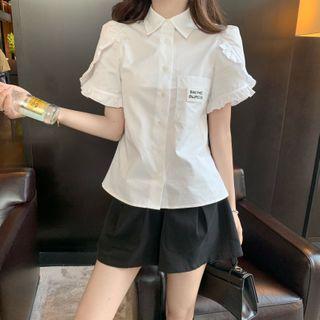 Puff-sleeve Ruffled Shirt / A-line Shorts