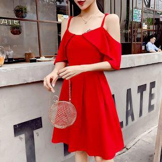 Open Shoulder Plain A-line Dress