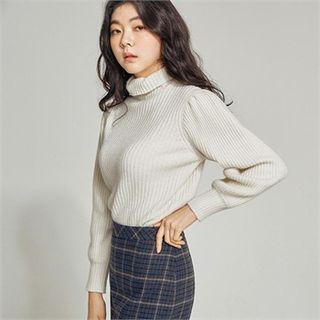 High-neck Balloon-sleeve Rib-knit Top
