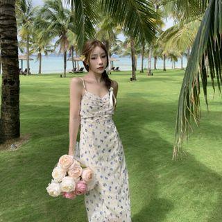 Spaghetti Strap Tie-back Floral Print Midi Sundress
