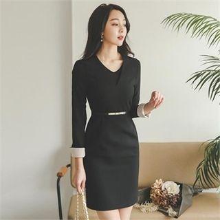V-neck Contrast-cuff Sheath Dress With Belt