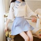 Set: 3/4-sleeve Embroidered Chiffon Top + A-line Mini Skirt