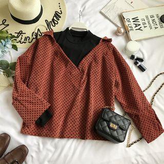 Mock Two-piece Heart Patterned Long-sleeve Blouse