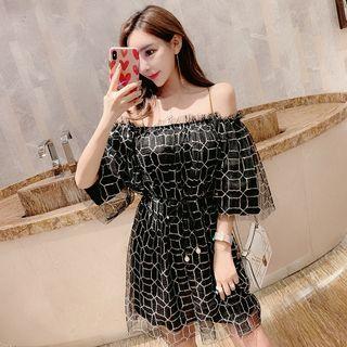 Sequined Off-shoulder Elbow-sleeve Dress