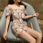 Embroidered Off-shoulder Short-sleeve Sheath Dress