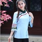 Striped Floral Print 3/4 Sleeve Cheongsam Top