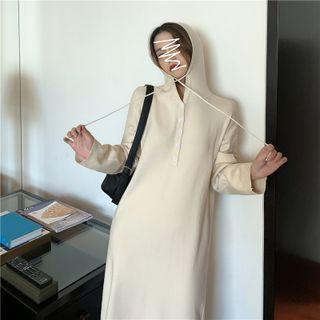 Plain Hooded Knit Button-up A-line Dress