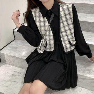 Pleated Mini Shirtdress / Plaid Light Vest / Crossbody Bag