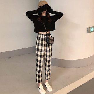 Set: Crop Long-sleeve T-shirt + Plaid Straight Fit Pants